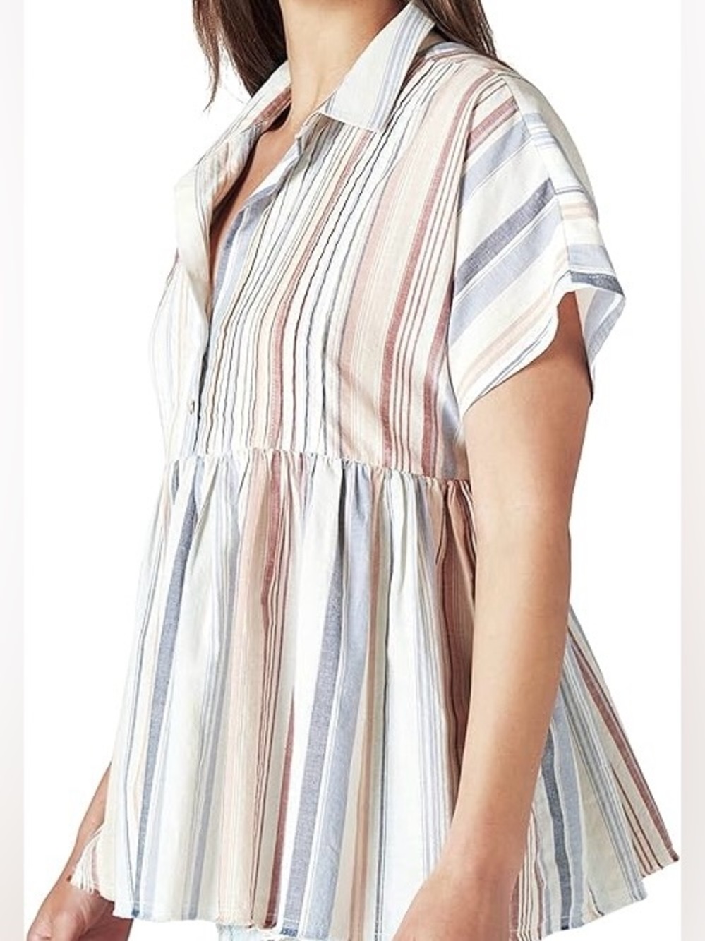 Lucky Brand Cotton Babydoll Pleated Striped Button Front Collared Top